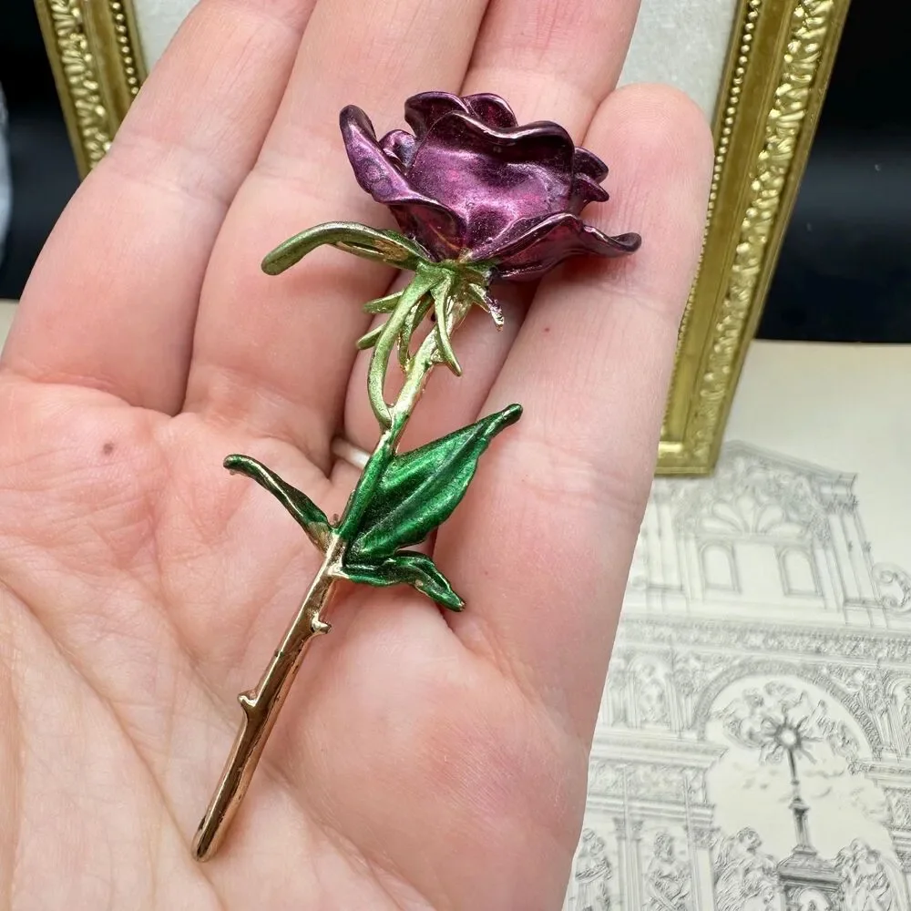 Purple Single Stem Rose Flower Brooch Lapel Royalty Enchantment Enchanted Era - Picture 2 of 5